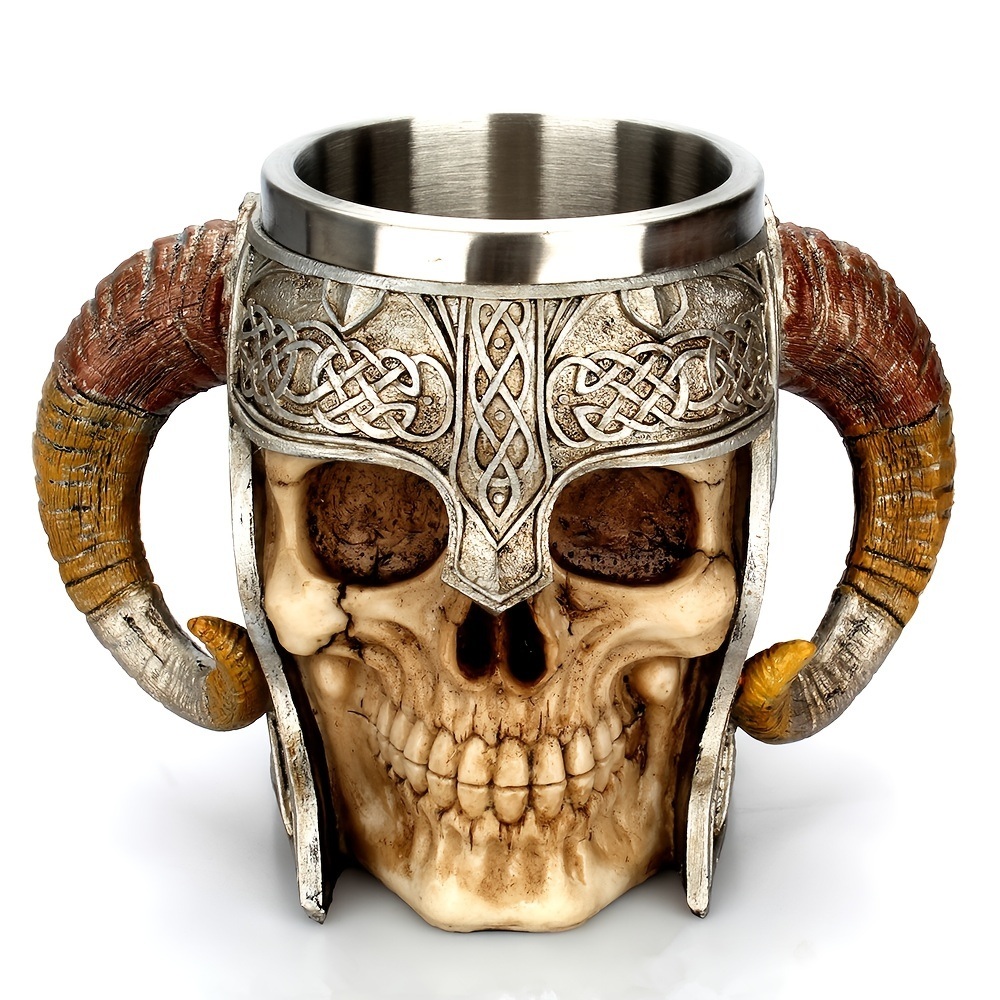dropship 1pc Horn Cup; Skull Cup; Beer Glass; 3D Viking Skull Beer Mug; Coffee Cup; Stainless Steel Viking Drinking Mug With Double Ram Horn