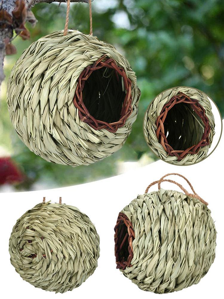 dropship Charming Decorative Hummingbird House Hand-woven Hung Straw Nest Natural Grass Hung Bird for Garden Patio Lawn Office Indoor