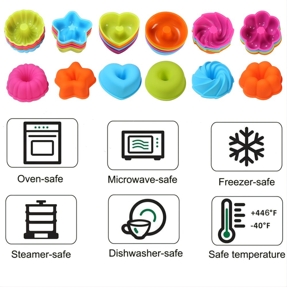 dropship 24pcs Silicone Molds; Nonstick Silicone Donut Mold; Silicone Baking Cups; Silicone Donut Pan; Muffin; Jello; Bagel Pan; Oven; Microwave; Dishwasher Safe; 2.95"×1.1"