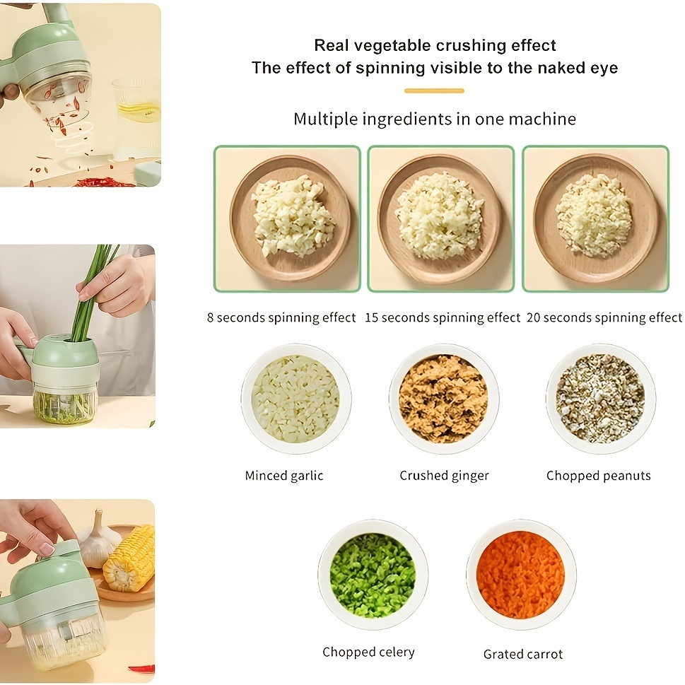 dropship 1pc 4 In 1 Vegetable Chopper Handheld Electric Vegetable Cutter Set Portable Wireless Garlic Mud Masher Garlic Press And Slicer Set Multifunctional Electric Mini Food Processor