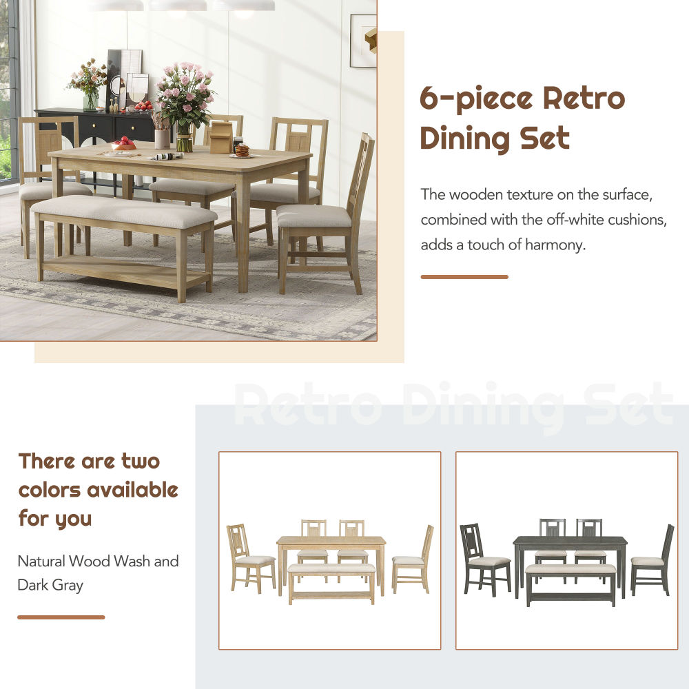 dropship TREXM 6-piece Retro Dining Set, Minimalist Dining Table and 4 upholstered chairs & 1 bench with a shelf for Dining Room(Natural Wood Wash)