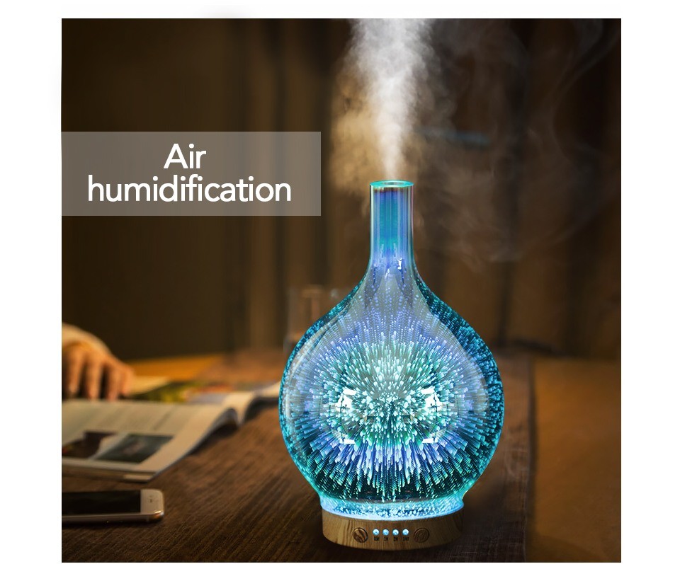 dropship 3D Fireworks Glass Vase Humidifier with 7 Color Led Night Light Aroma Essential Oil Diffuser Cool Mist Maker for Home Office