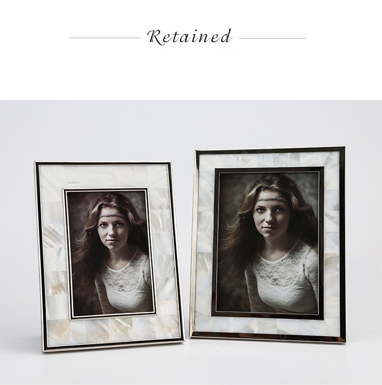 dropship High Quality Home Decoration Metal Shell Photo Frame 3-10 Inch Back Polished Alloy Flocking Wedding Photo Bedside Table Ornament