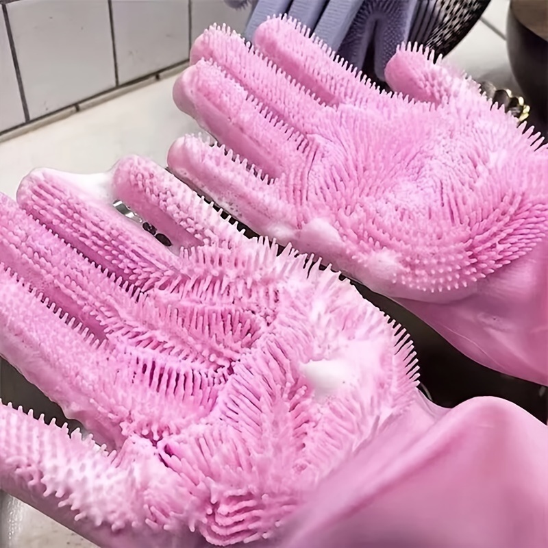 dropship 1pair Kitchen Silicone Dishwashing Gloves; Housework Cleaning Waterproof Insulation Magic Gloves; Dishwashing Brush