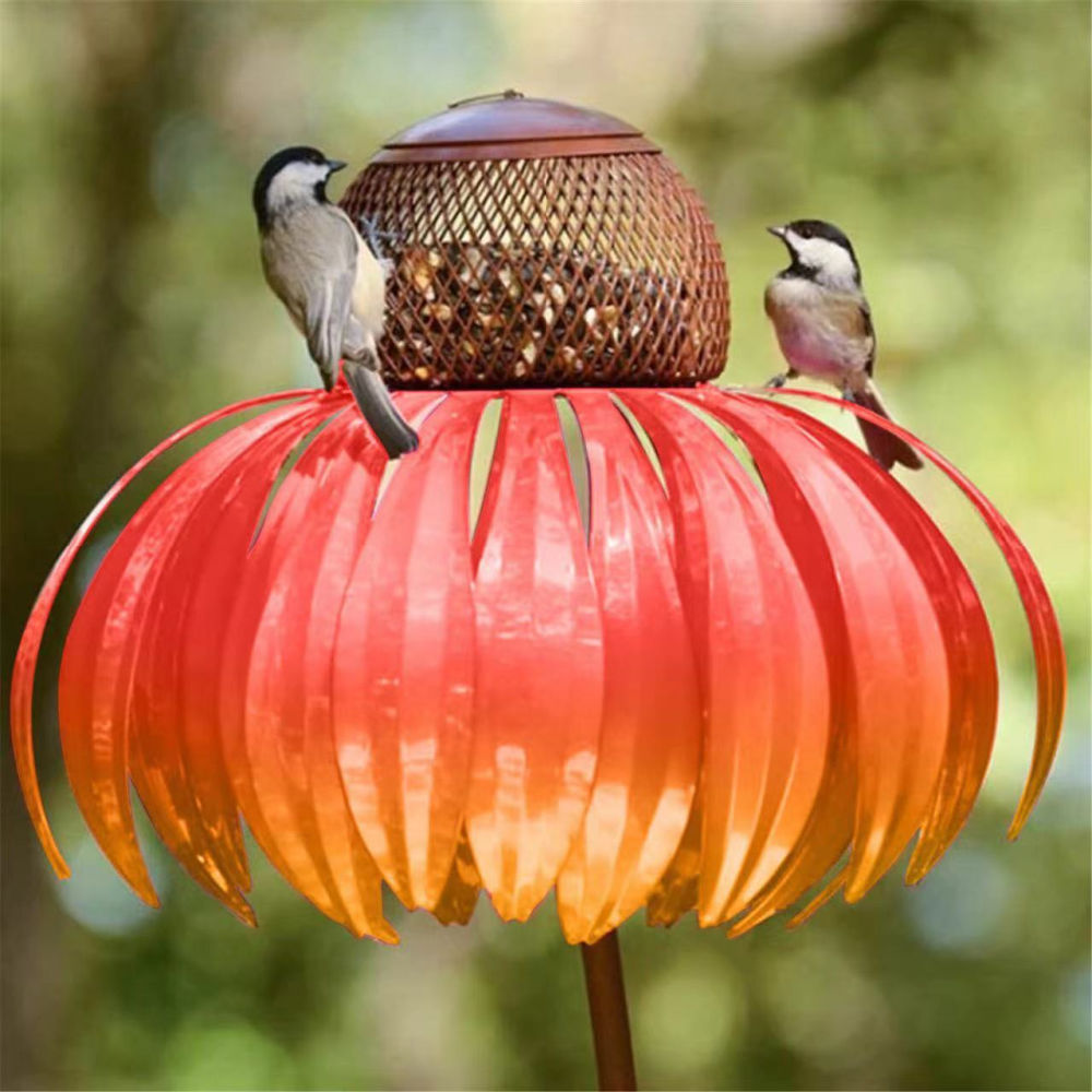 dropship Pink Coneflower Bird Feeder Outdoor Decoration Garden Flower Picaflor Wild Bird Feeder Feeding Outside Rust Resistant Art Metal
