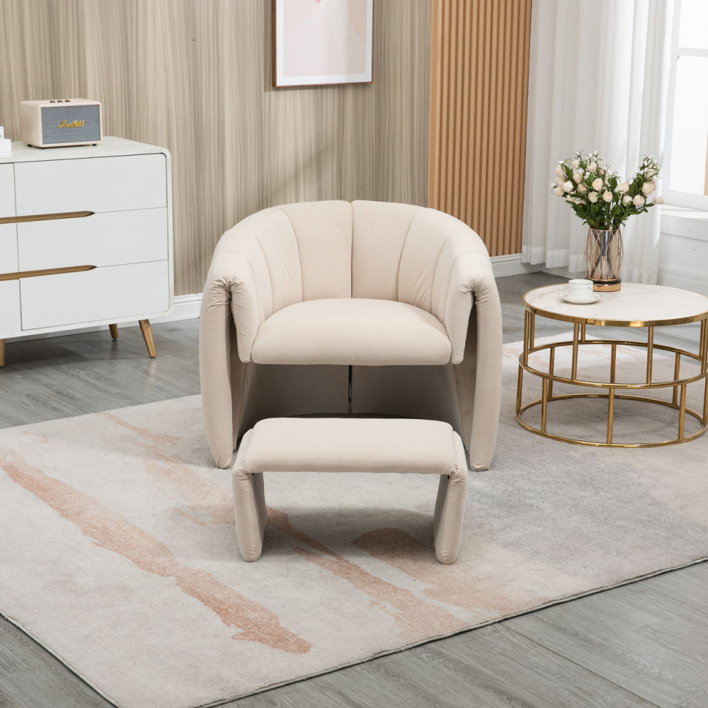 dropship COOLMORE Accent Chair with Ottoman, Mid Century Modern Barrel Chair Upholstered Club Tub Round Arms Chair for Living Room