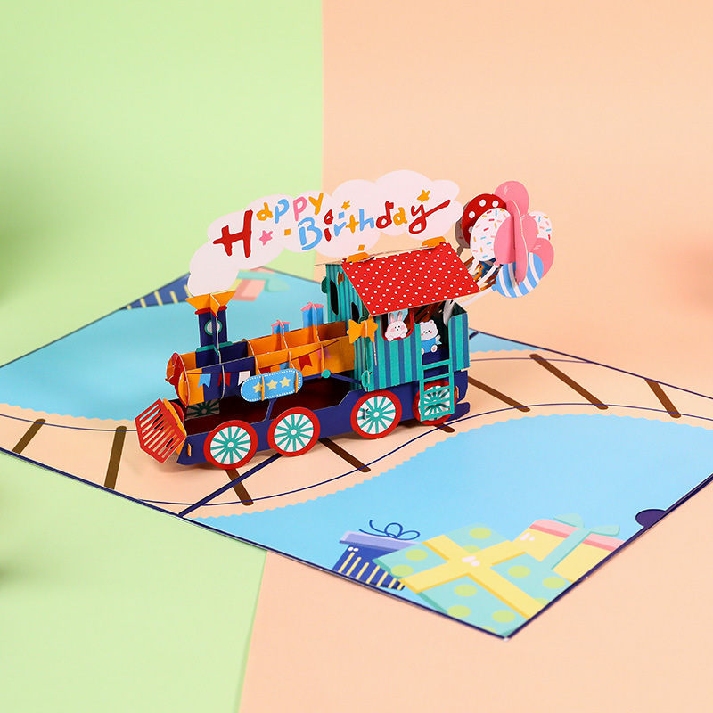 dropship 1pc 3D Birthday Cake Greeting Card; New Train Handwritten Card; Creative Children's Gift; Pop Up Greeting Card; Pop Up Card