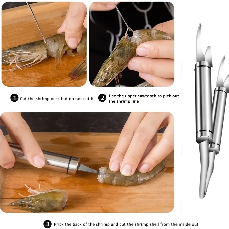 dropship 2pcs; 5 In 1 Multifunctional Shrimp Line Fish Maw Knife; Stainless Steel Portable Shrimp Cleaner Knife; Household Shrimp Line Knife; Fish Scale Planer Seafood Knives Tool For Kitchen