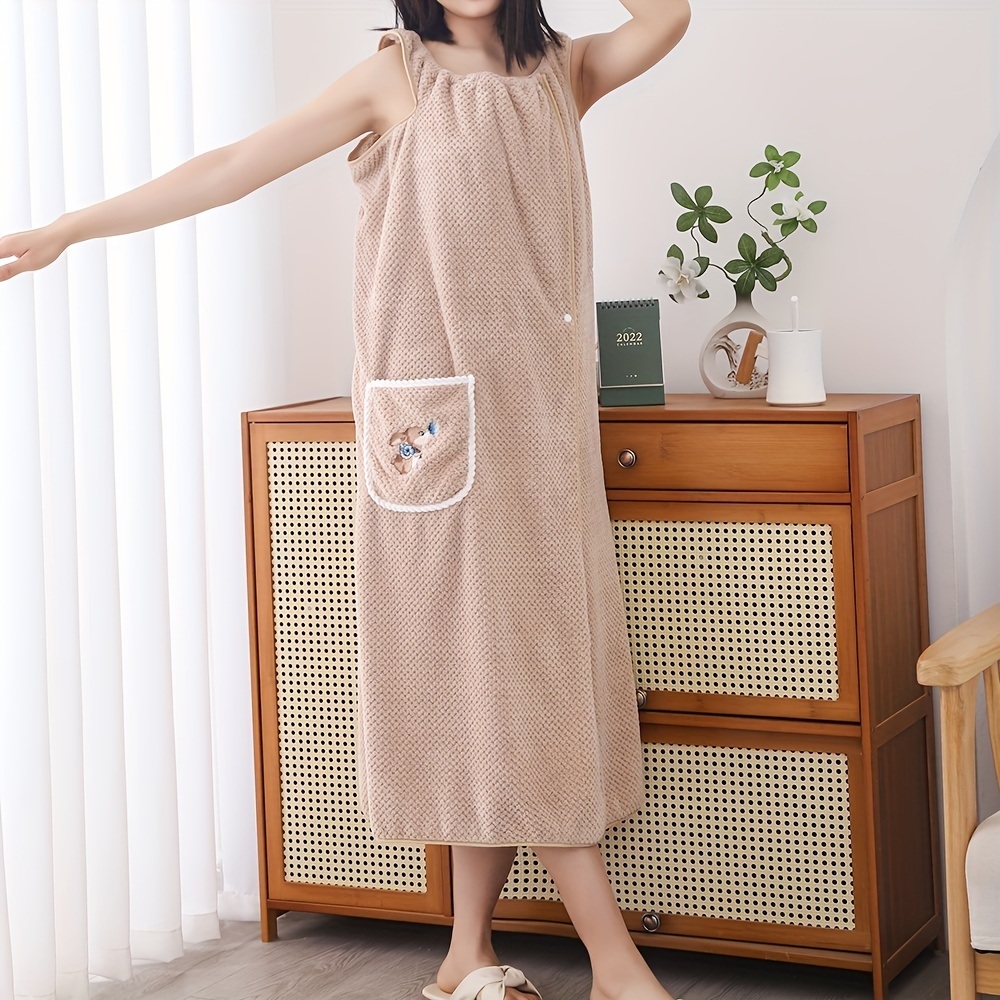 dropship 1pc Women's Shower Dress; Wearable Bath Wrap Towels For Women; Patched Pocket Bathrobe; Shower Spa Wrap For Sauna Beach Pool; Super Absorbent Bath Skirt; Big Bath Towel
