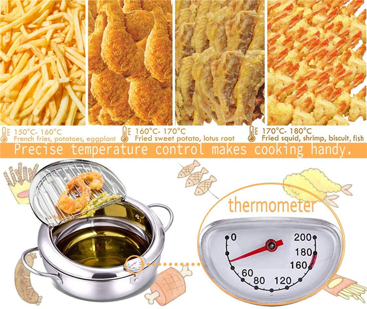 dropship 1pc Tempura Deep Fry Pot, Thickened 304 Stainless Steel Tempura Fryer With Thermometer, Japanese Style Tempura Fryer Pan