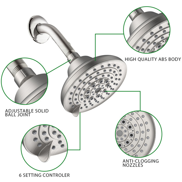 dropship 6 Spray Settings High Pressure Shower Head 5" Rain Fixed Showerhead - Brushed Nickel Adjustable Shower Head with Anti-Clogging Nozzles; Low Flow Easily Installation