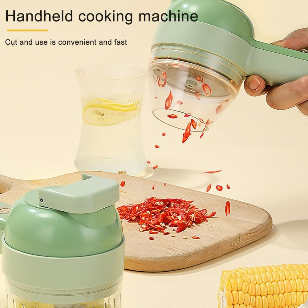 dropship 1pc 4 In 1 Vegetable Chopper Handheld Electric Vegetable Cutter Set Portable Wireless Garlic Mud Masher Garlic Press And Slicer Set Multifunctional Electric Mini Food Processor
