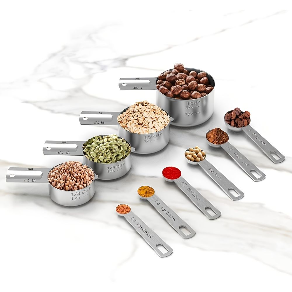 dropship 1 Set Stainless Steel Measuring Cups & Spoons Set; Cups And Spoons; Kitchen Gadgets For Cooking & Baking (4+6) 0.86lb