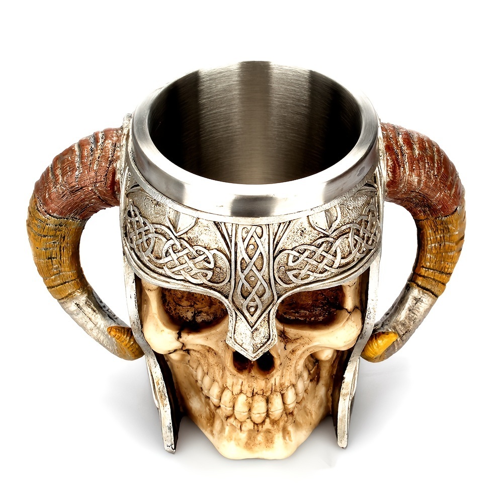 dropship 1pc Horn Cup; Skull Cup; Beer Glass; 3D Viking Skull Beer Mug; Coffee Cup; Stainless Steel Viking Drinking Mug With Double Ram Horn