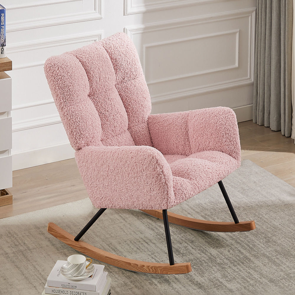 dropship Rocking Chair, Leisure Sofa Glider Chair, Comfy Upholstered Lounge Chair with High Backrest, for Nursing Baby, Reading, Napping PINK