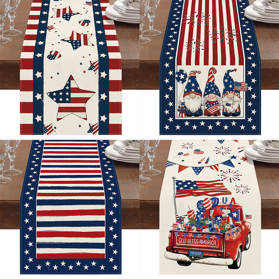 dropship 1PC Rectangle Linen Blend Striped Table Runners; Encryption Linen Home Decoration Independence Day Atmosphere Waterproof Table Runner; 72"*13"; Patriotic Decoration