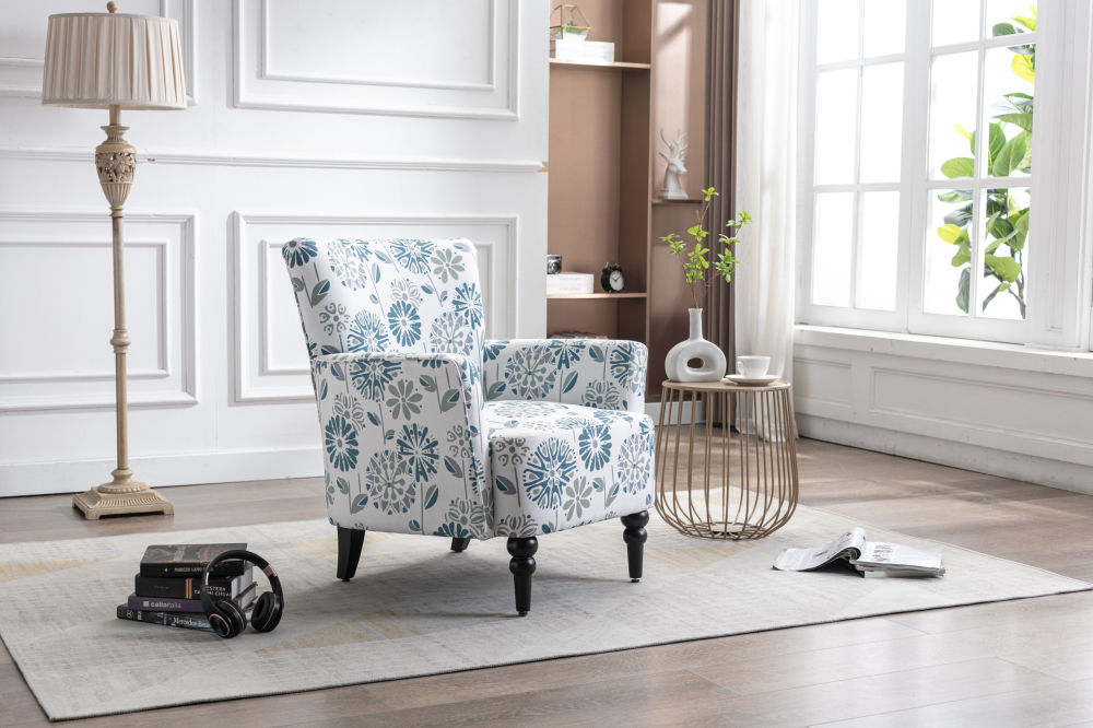 dropship Armchair Modern Accent Sofa with Linen surface,Leisure Chair with solid wood feet for living room bedroom Studio,White Blue