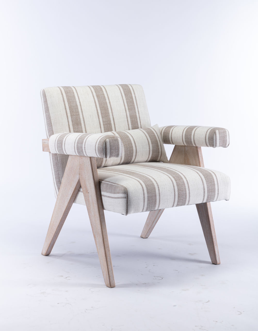 dropship Accent chair, KD rubber wood legs with black finish. Fabric cover the seat. With a cushion.Grey Stripe