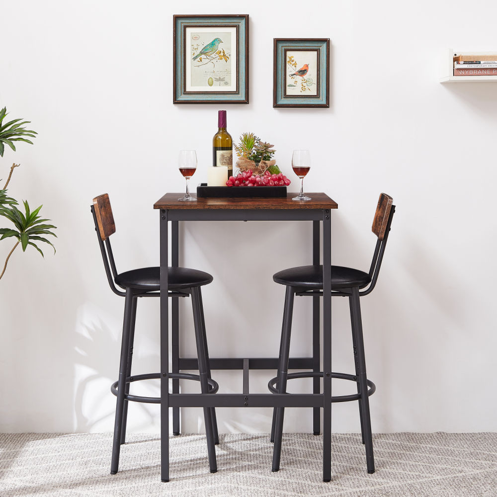 dropship Bar Table Set with 2 Bar stools PU Soft seat with backrest, Rustic Brown, 23.62'' W x 23.62'' D x 35.43'' H