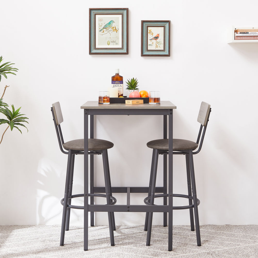 dropship Bar Table Set with 2 Bar stools PU Soft seat with backrest, Grey, 23.62'' W x 23.62'' D x 35.43'' H
