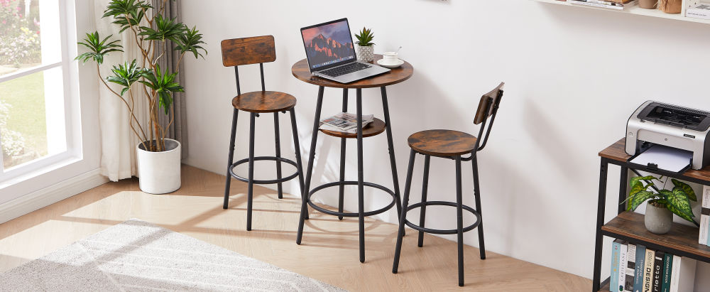 dropship Round bar stool set with shelves, stool with backrest Rustic Brown, 23.6'' Dia x 35.4'' H