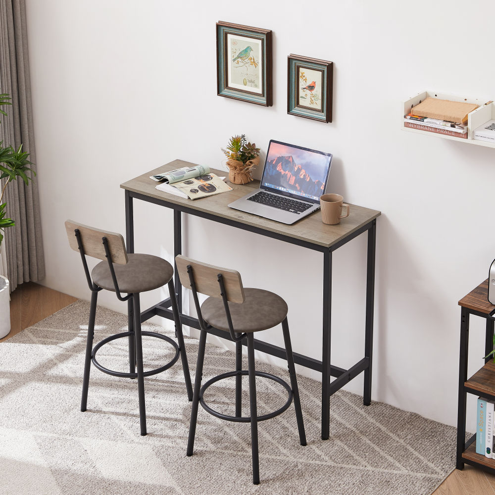 dropship Bar Table Set with 2 Bar stools PU Soft seat with backrest, Grey, 43.31'' L x 15.75'' W x 35.43'' H.
