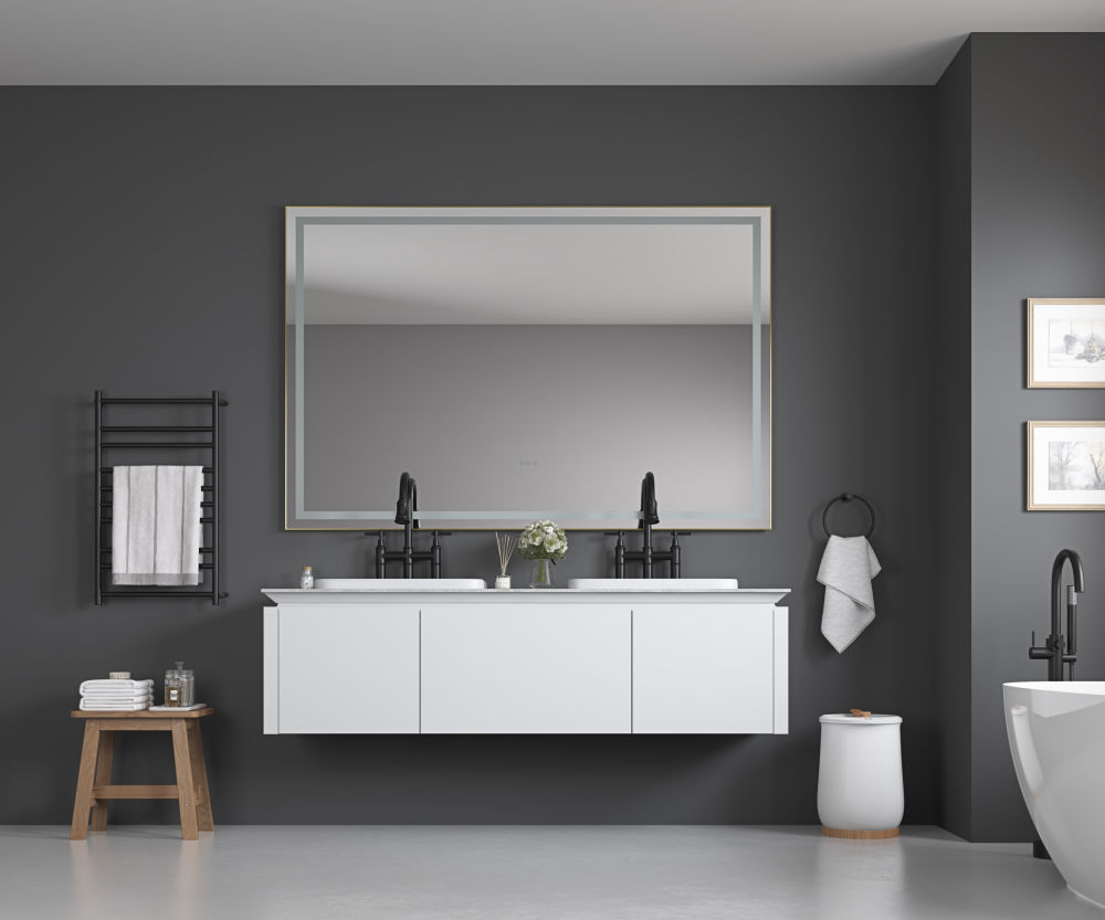 dropship 84in. W x 48in. H Oversized Rectangular Black Framed LED Mirror Anti-Fog Dimmable Wall Mount Bathroom Vanity Mirror HD Wall Mirror Kit For Gym And Dance Studio 48X 72Inches With Safety Ba