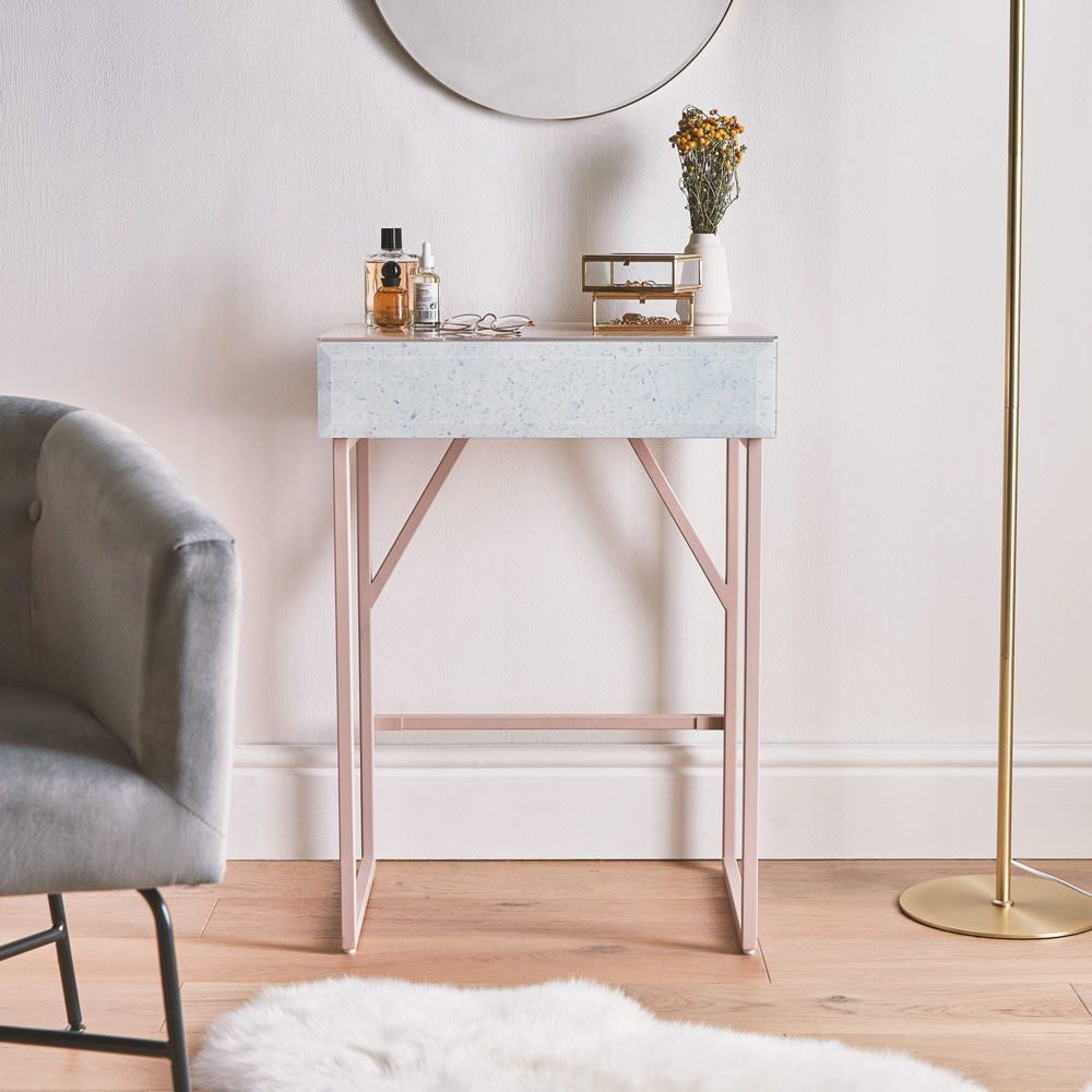 dropship Tempered Glass Marble Pattern Small Makeup Table Dressing Table Nightstands Bedroom Livingroom Furniture