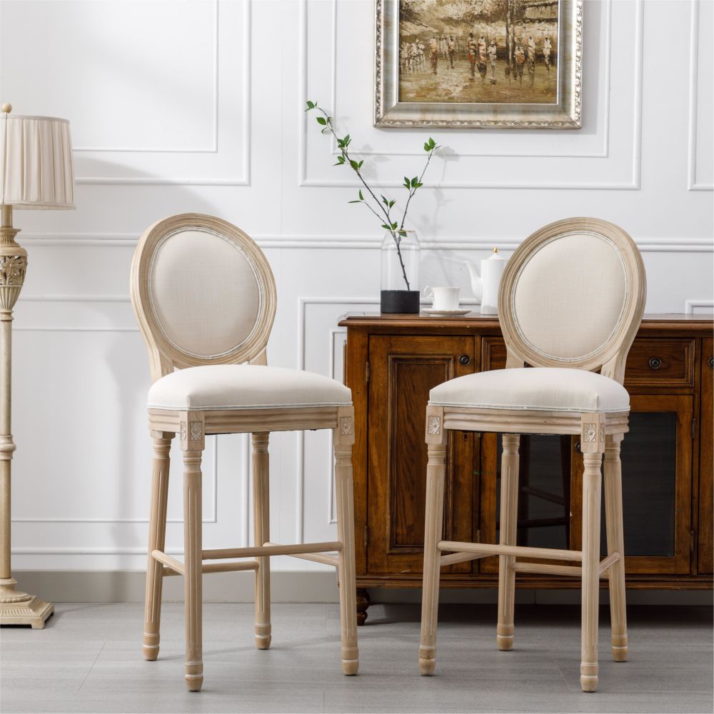 dropship French Country Wooden Barstools With Upholstered Seating , Beige and Natural , Set of 2