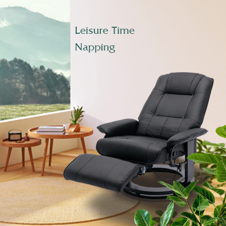 dropship Faux Leather Manual Recliner,Adjustable Swivel Lounge Chair with Footrest,Can Rotate 360 Degrees,L-right Angle Curved Wooden Frame, Armrest and Wrapped Wood Base for Living Room,Black