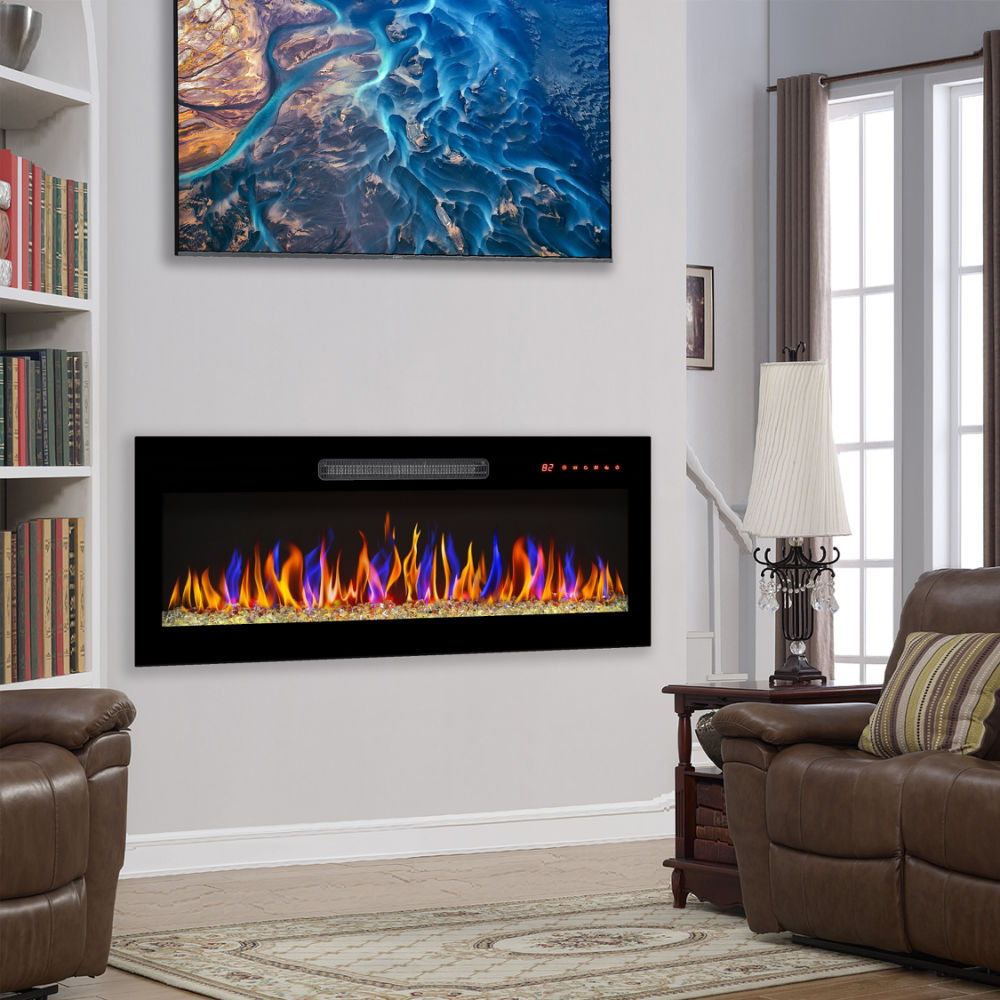 dropship 50 inch recessed ultra thin tempered glass front wall mounted electric fireplace with remote and multi color flame & emberbed, LED light heater