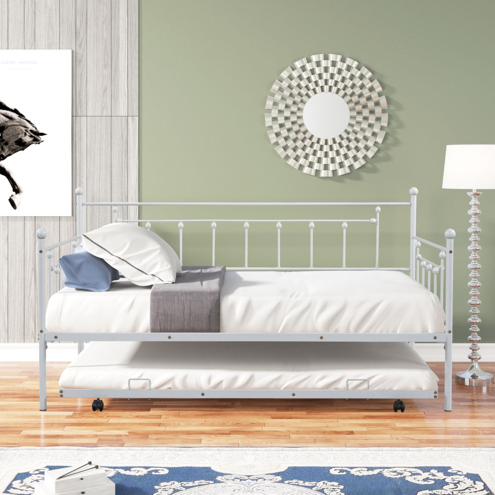 dropship Metal Twin Daybed with Trundle/ Heavy-duty Sturdy Metal/ Noise Reduced/ Trundle for Flexible Space/ Vintage Style/ No Box Spring Needed