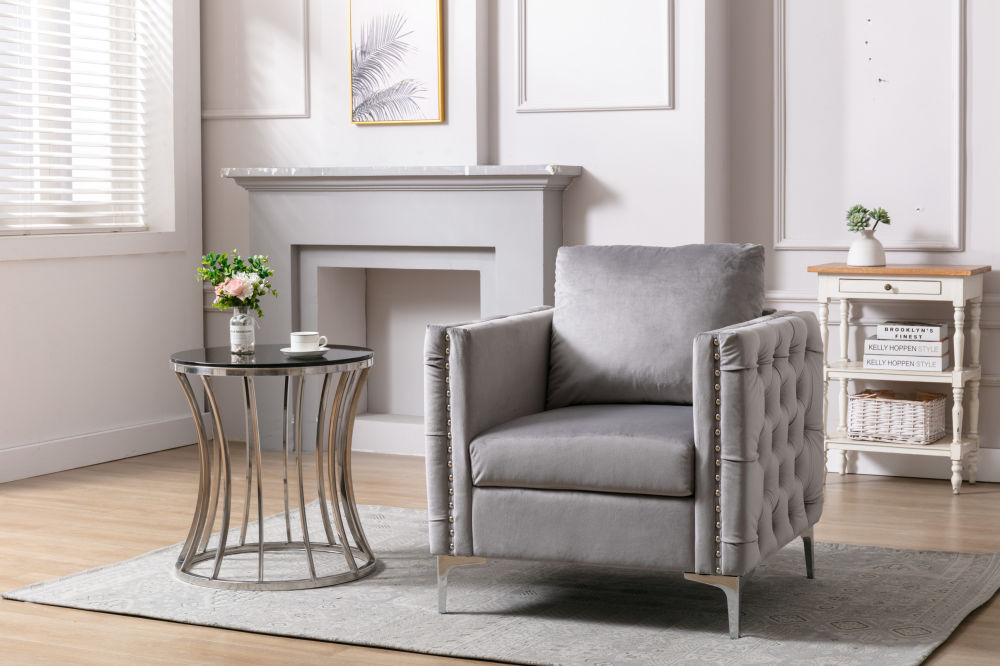 dropship Modern Velvet Armchair Tufted Button Accent Chair Club Chair with Steel Legs for Living Room Bedroom,Grey