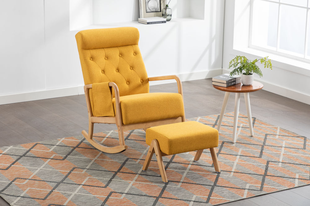 dropship COOLMORE Rocking Chair With Ottoman, Mid-Century Modern Upholstered Fabric Rocking Armchair, Rocking Chair Nursery with Thick Padded Cushion, High Backrest Accent Glider Rocker Chair for Living Room