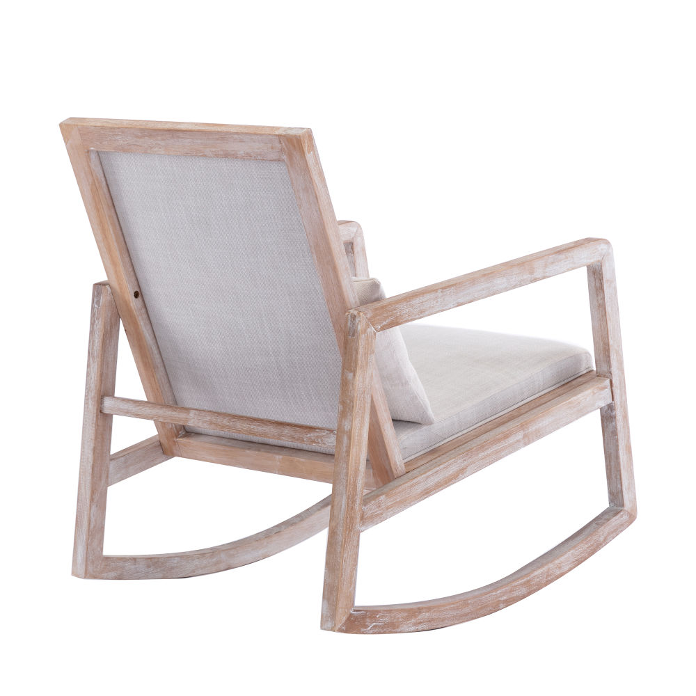 dropship Solid wood linen fabric antique white wash painting rocking chair with removable lumbar pillow