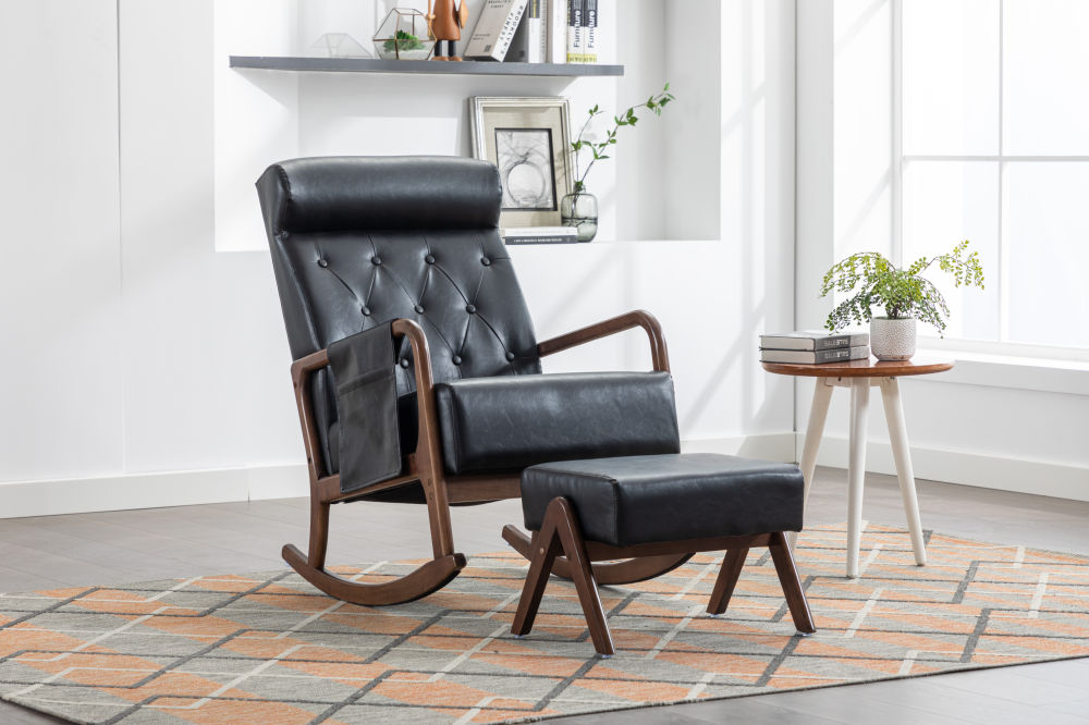dropship COOLMORE Rocking Chair With Ottoman, Mid-Century Modern Upholstered Fabric Rocking Armchair, Rocking Chair Nursery with Thick Padded Cushion, High Backrest Accent Glider Rocker Chair for Living Room