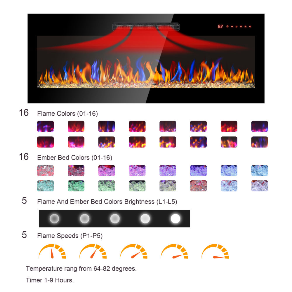 dropship 50 inch recessed ultra thin tempered glass front wall mounted electric fireplace with remote and multi color flame & emberbed, LED light heater