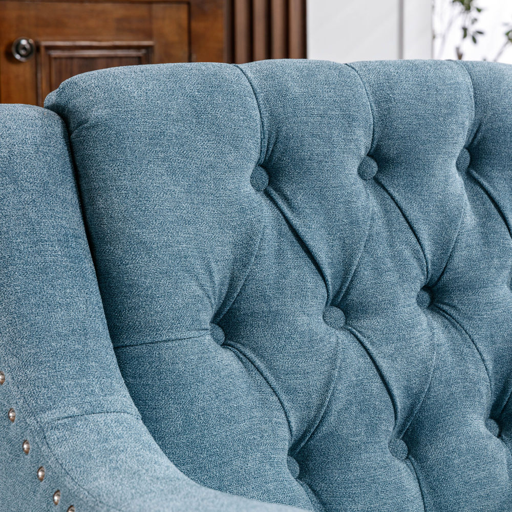 dropship Blue Accent Chair, Living Room Chair, Footrest Chair Set with Vintage Brass Studs, Button Tufted Upholstered Armchair for Living Room, Comfy Reading Chair for Bedroom, Reception Room