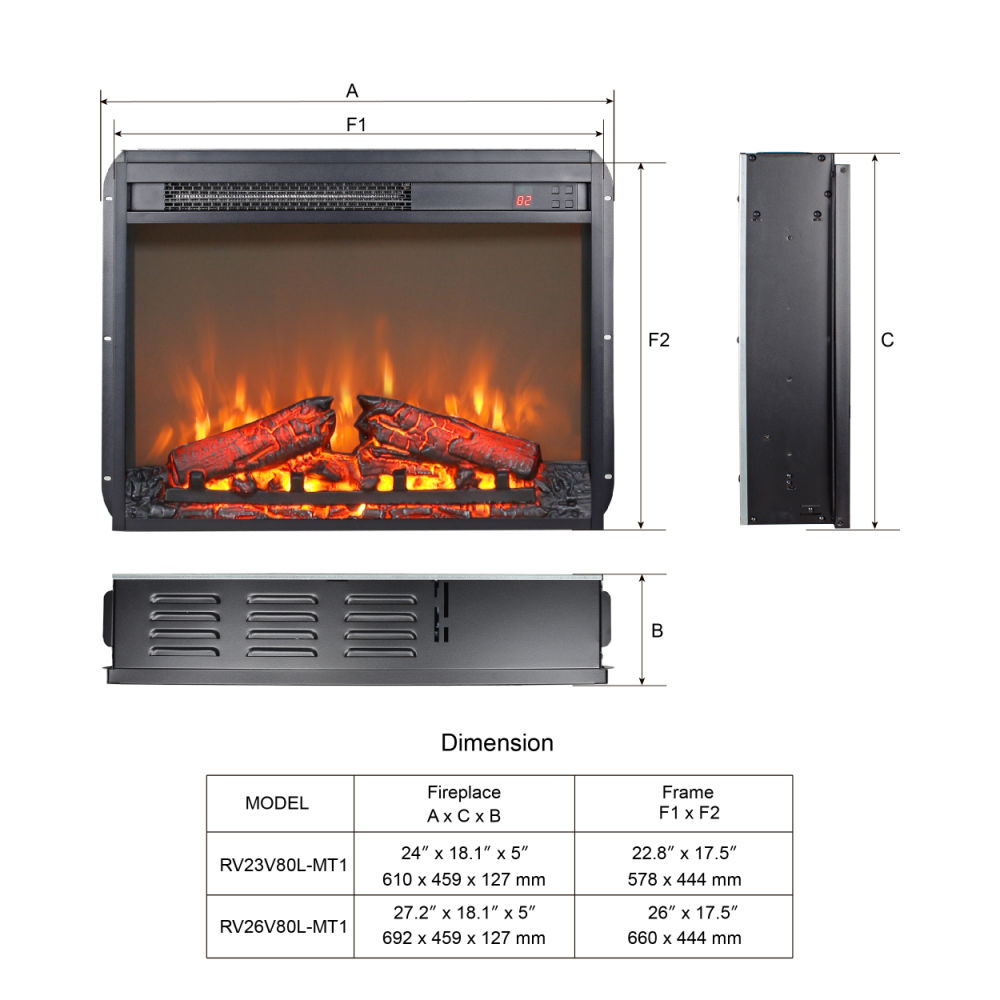 dropship 23 inch electric fireplace insert, ultra thin heater with log set & realistic flame, remote control with timer, overheating protection