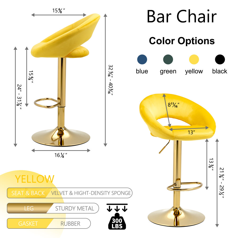 dropship Yellow Velvet Adjustable Modern Dining Chairs,Counter Height Bar Chair,Swivel Bar Stools Set of 2