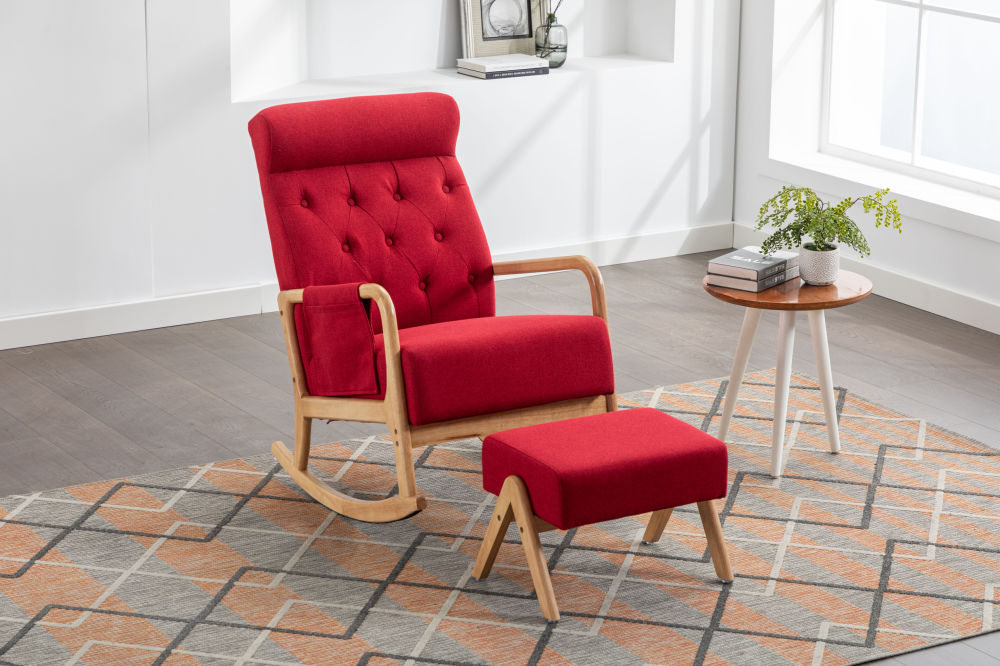 dropship COOLMORE Rocking Chair With Ottoman, Mid-Century Modern Upholstered Fabric Rocking Armchair, Rocking Chair Nursery with Thick Padded Cushion, High Backrest Accent Glider Rocker Chair for Living Room