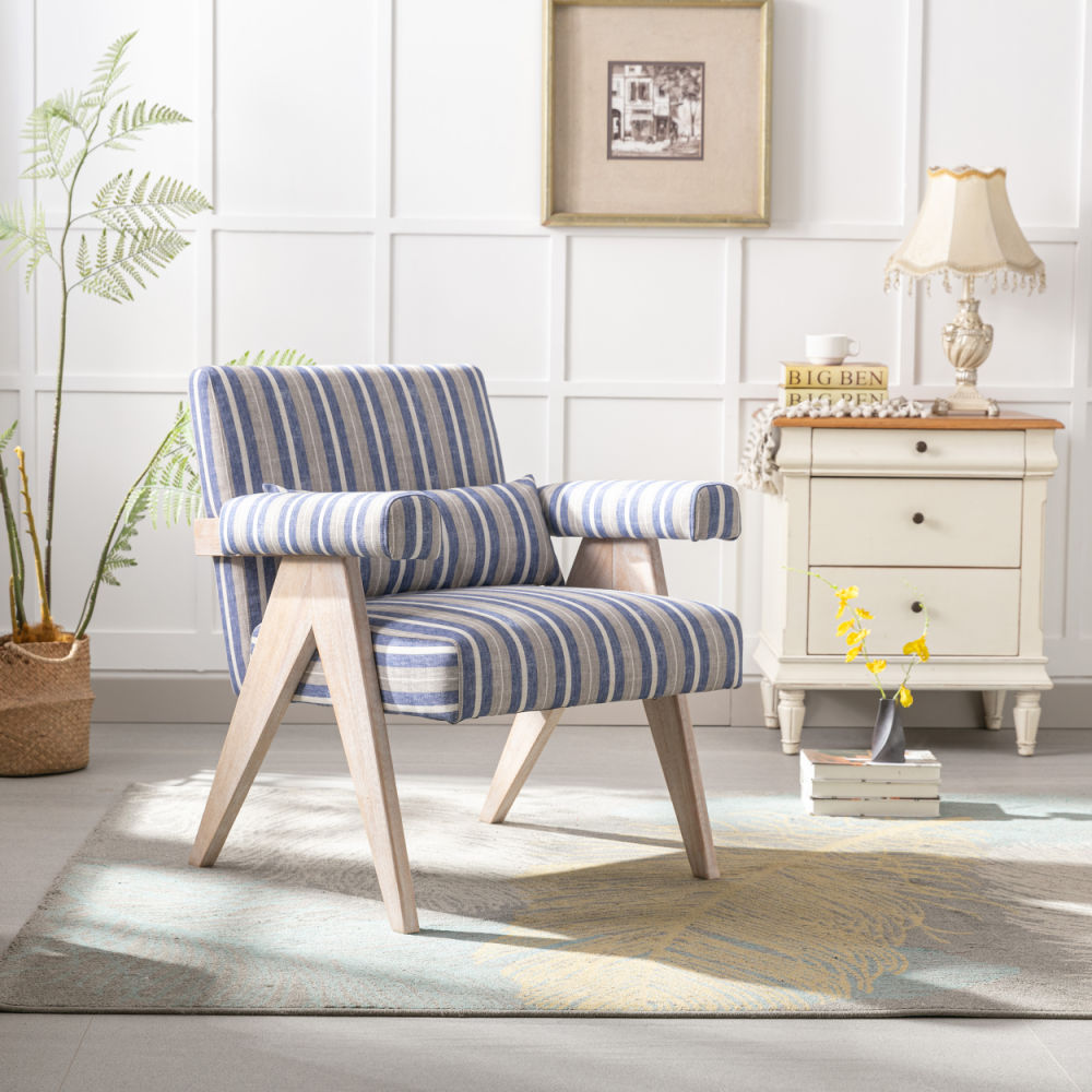 dropship Accent chair, KD rubber wood legs with black finish. Fabric cover the seat. With a cushion.Blue Stripe