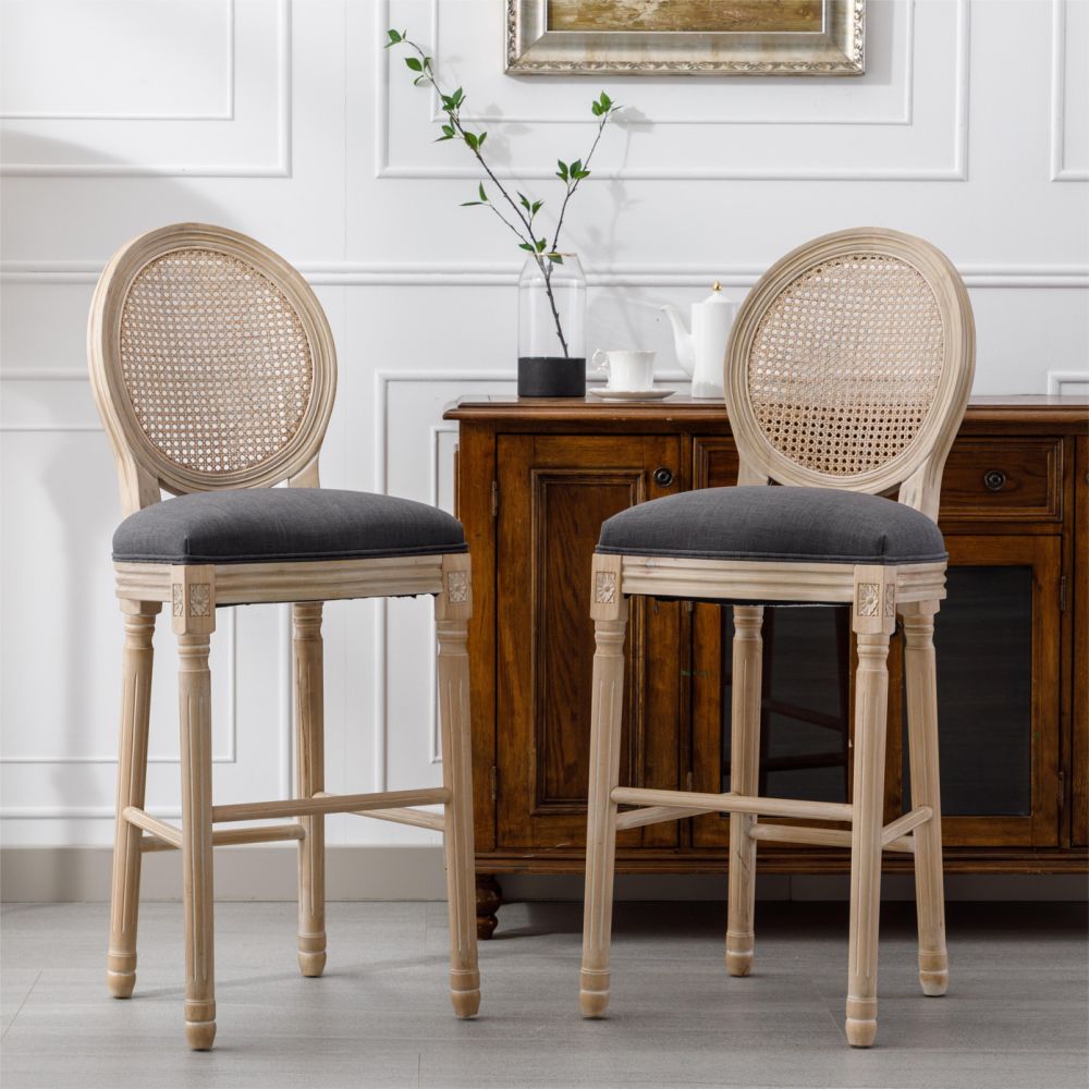 dropship French Country Wooden Barstools Rattan Back With Upholstered Seating , Dark Grey, Set of 2