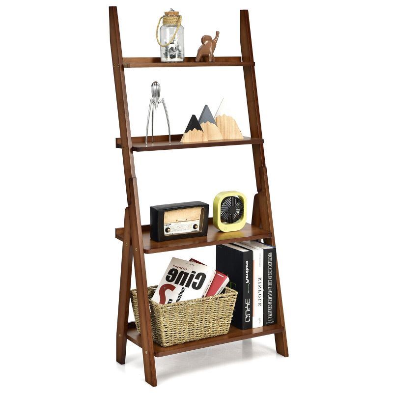 dropship Living Room 4-Tier Bamboo Ladder Display Shelf Storage Rack Plant Flower Stand