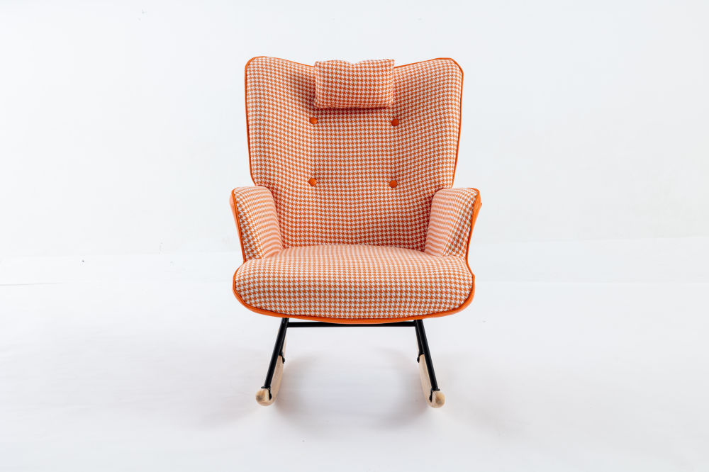 dropship 35.5 inch Rocking Chair, Soft Houndstooth Fabric Leather Fabric Rocking Chair for Nursery, Comfy Wingback Glider Rocker with Safe Solid Wood Base for Living Room Bedroom Balcony (orange)