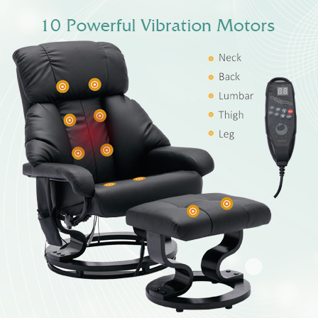 dropship Recliner with Ottoman Footrest, Recliner Chair with Vibration Massage, Faux Leather and Swivel Wood Base for Living Room and Bedroom, Black