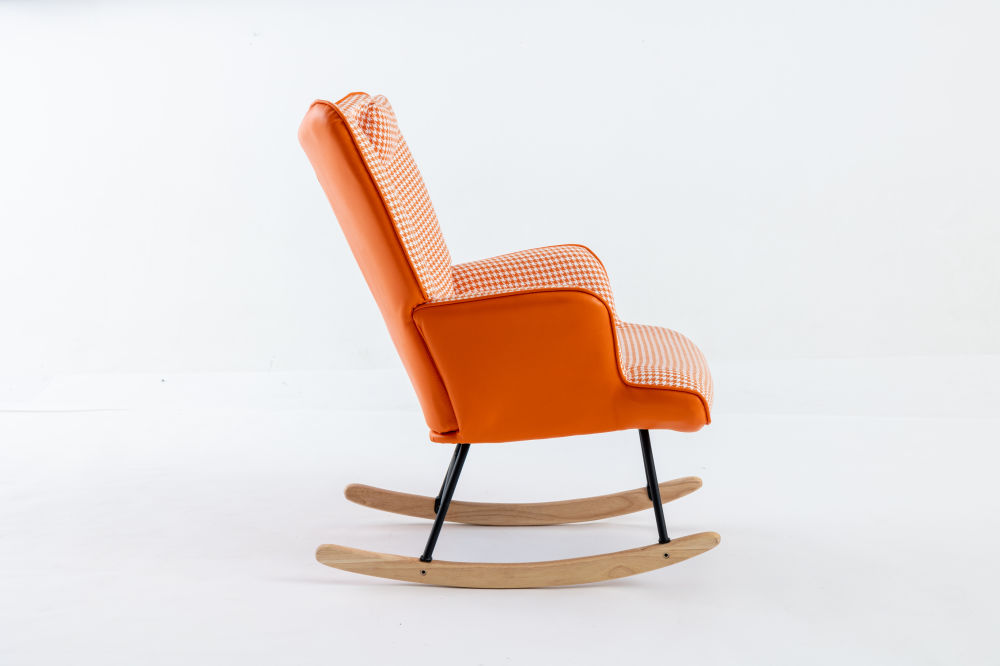dropship 35.5 inch Rocking Chair, Soft Houndstooth Fabric Leather Fabric Rocking Chair for Nursery, Comfy Wingback Glider Rocker with Safe Solid Wood Base for Living Room Bedroom Balcony (orange)