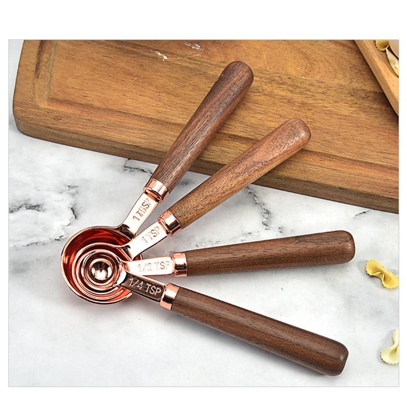 dropship Kitchen Accessories 4Pcs/Set Measuring Cups Spoons Stainless Steel Plated Copper Wooden Handle Cooking Baking Tools