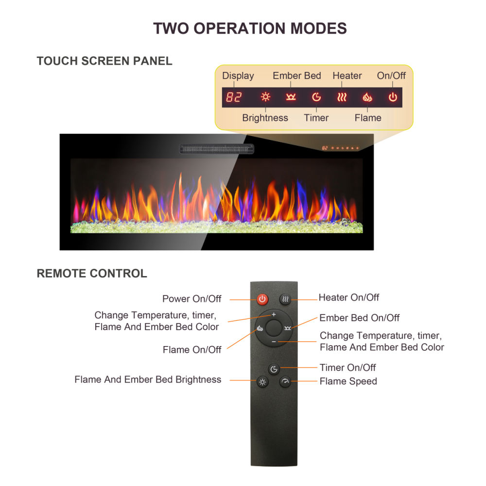 dropship 50 inch recessed ultra thin tempered glass front wall mounted electric fireplace with remote and multi color flame & emberbed, LED light heater