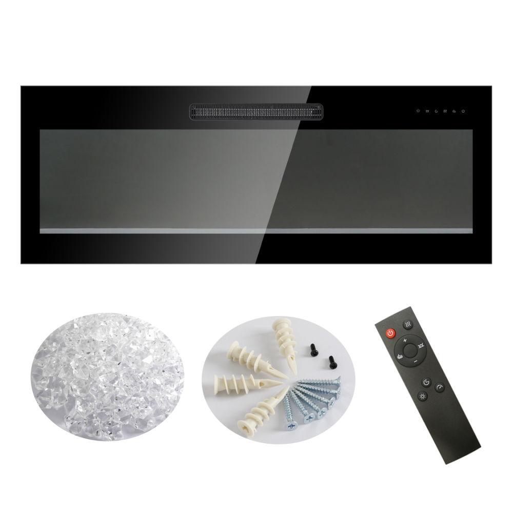 dropship 50 inch recessed ultra thin tempered glass front wall mounted electric fireplace with remote and multi color flame & emberbed, LED light heater